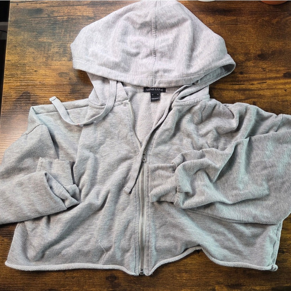 Mind Code Womens Cropped Zip Up Hoodie Heather Gray Raw Hem Sweatshirt Size M